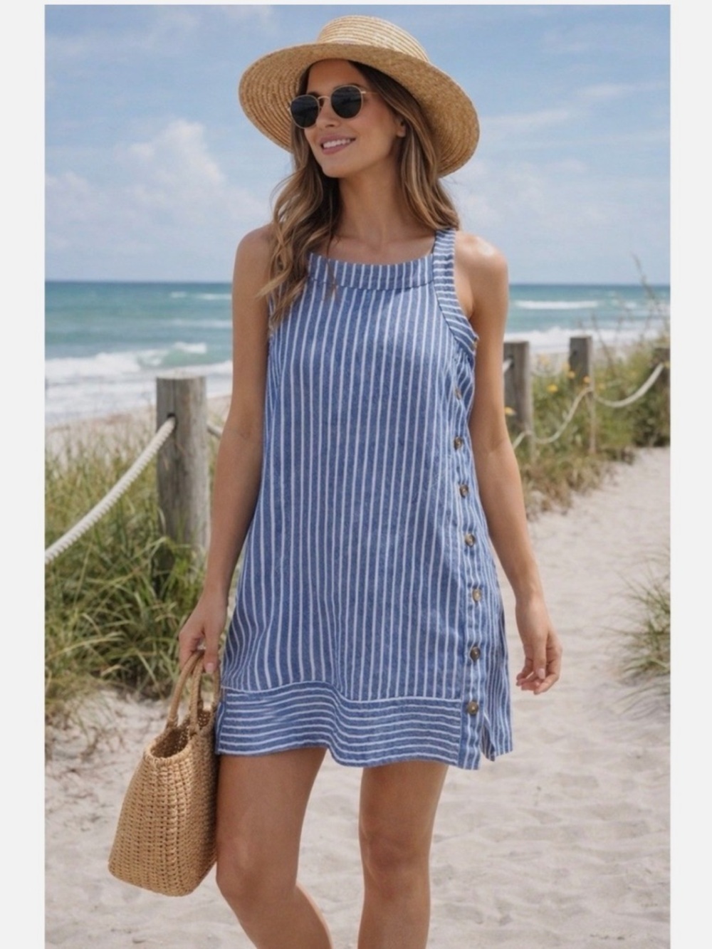 For Cynthia Women’s Blue White Stripe Linen Sleeveless Shift Dress Side Buttons